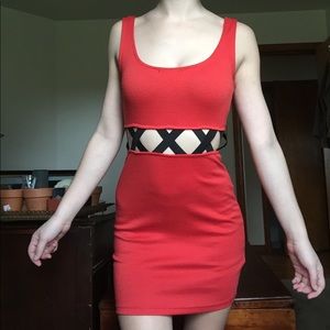 Red and black cross midriff dress